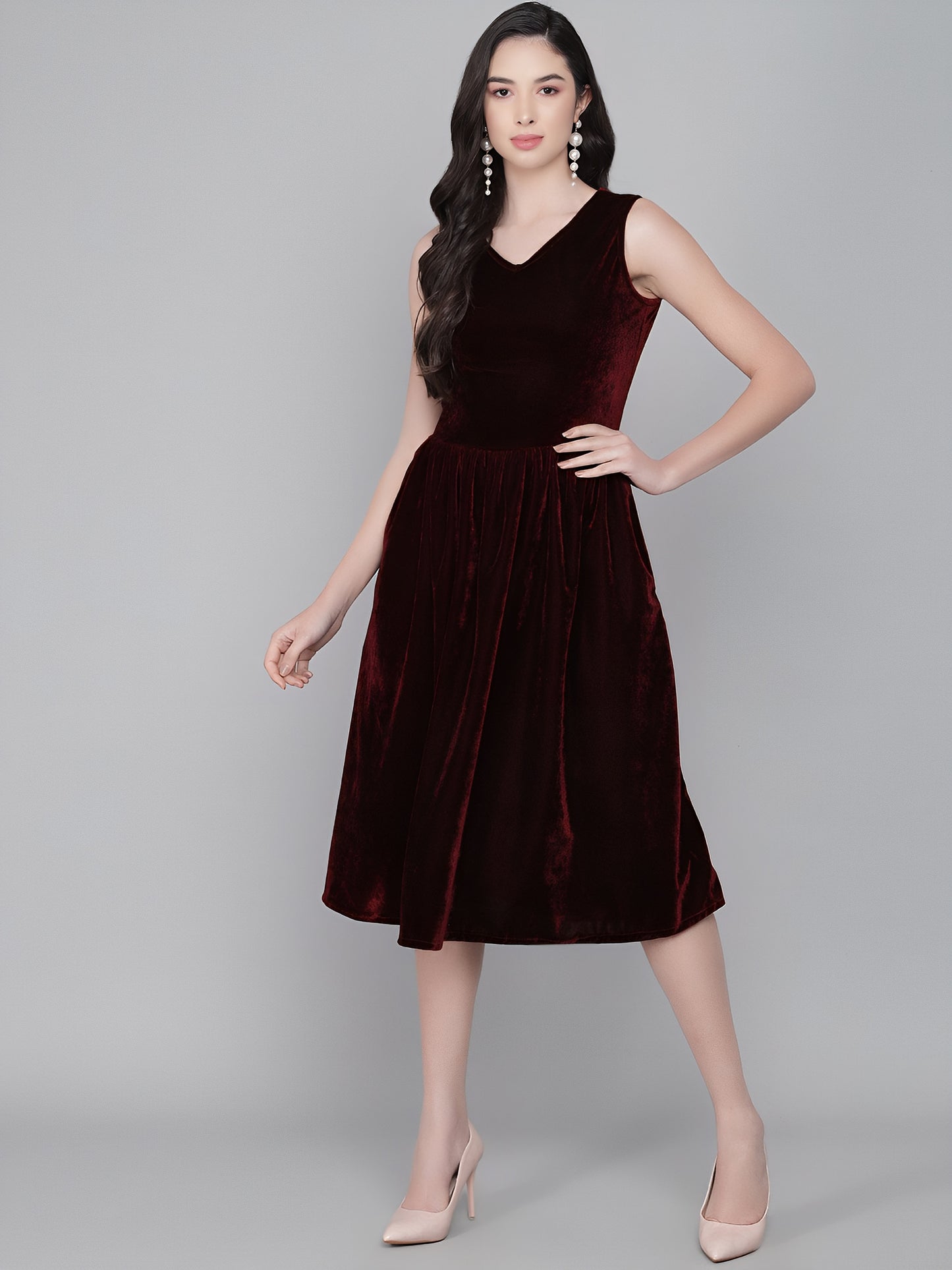 Women’s Dark Maroon Velvet Fit and Flare Dress – Elegant Party Wear Dress with Soft Touch & Flowy Silhouette (Copy)