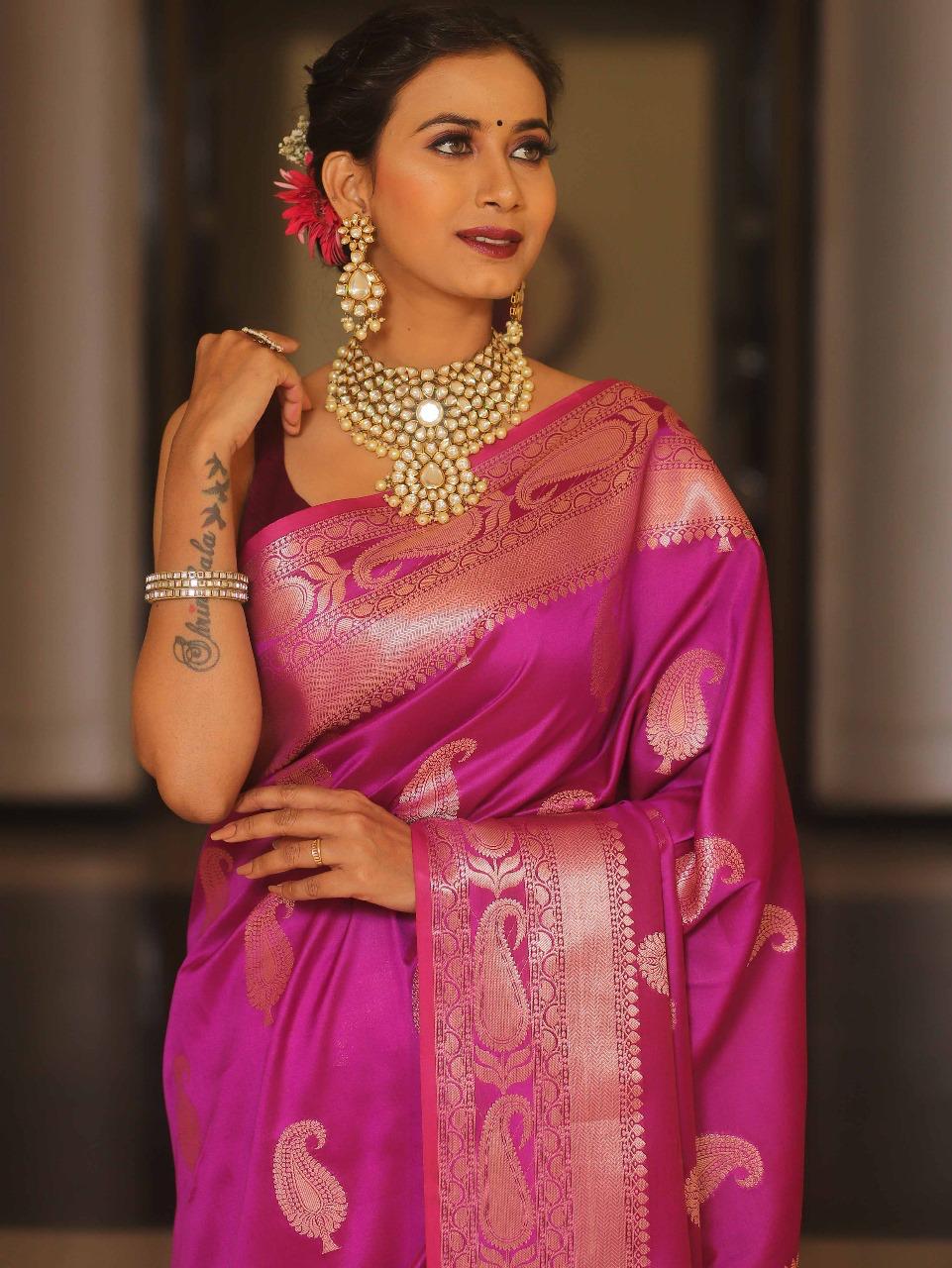Royal Banarasi Soft Silk Saree with All-Over Zari Weaving & Grand Rich Pallu