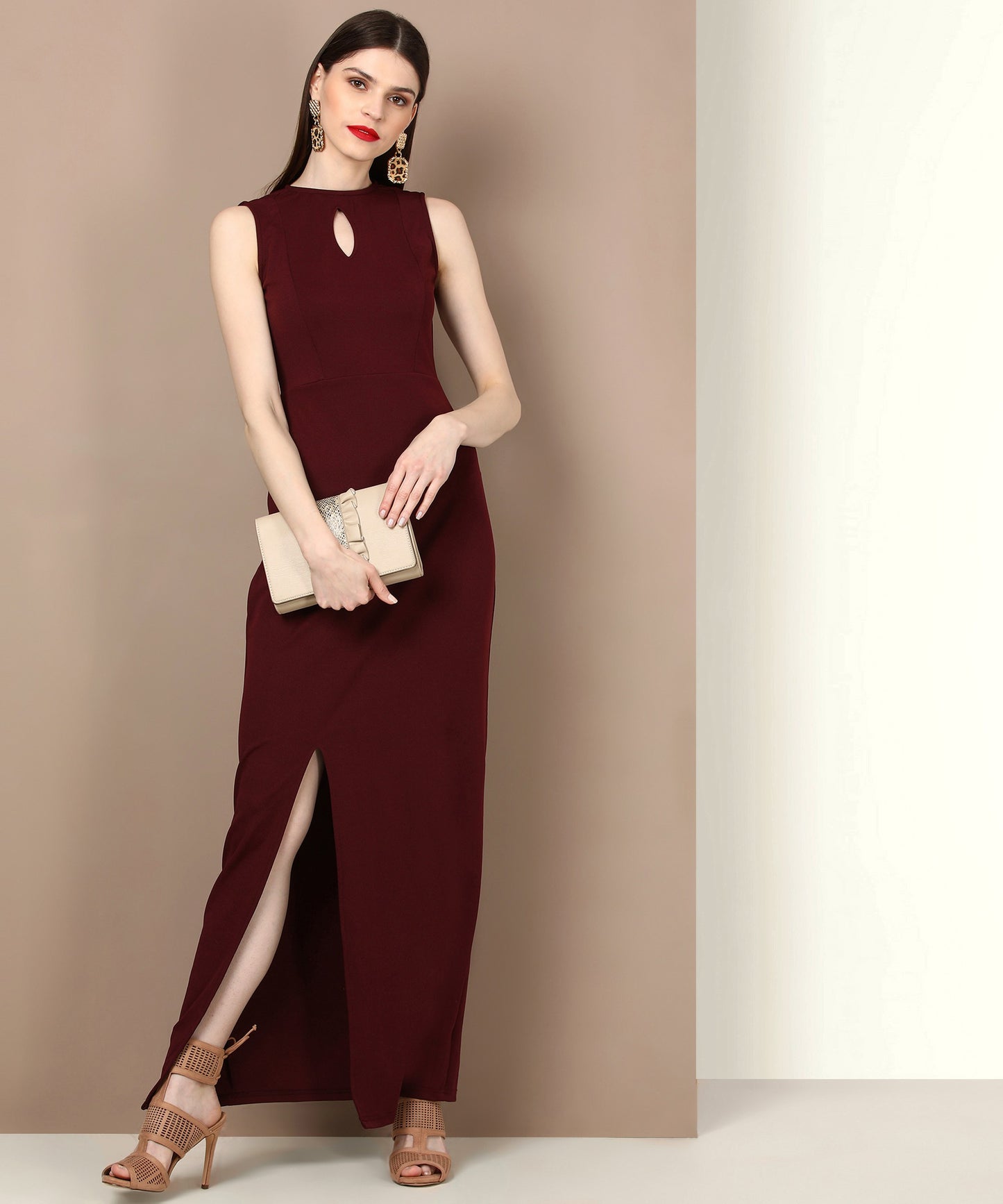 Women’s Maroon Maxi Dress – Elegant Full-Length Dress for Casual, Party & Evening Wear