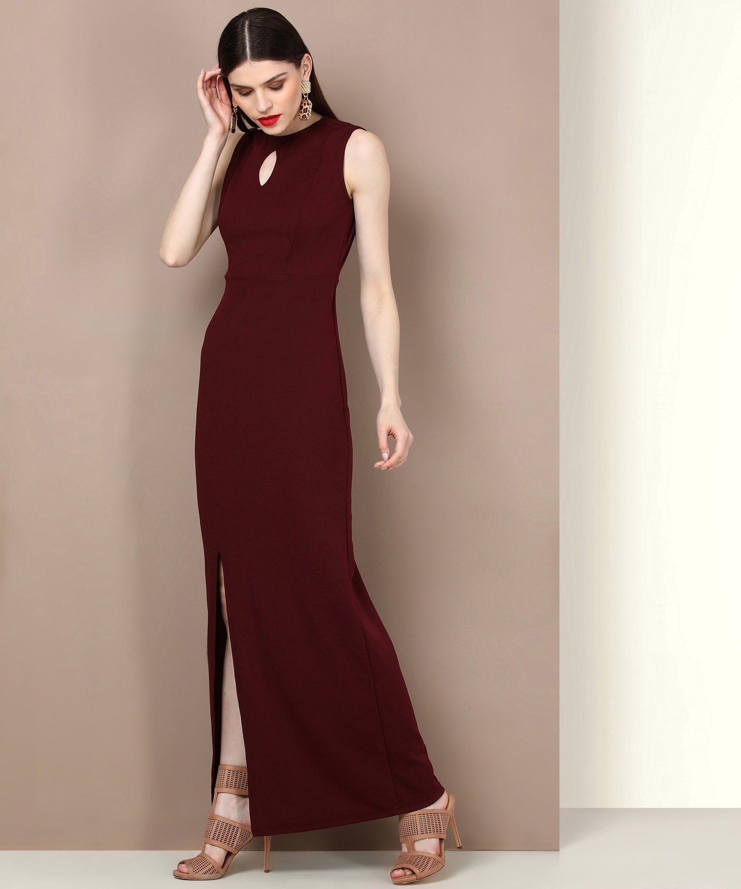 Women’s Maroon Maxi Dress – Elegant Full-Length Dress for Casual, Party & Evening Wear