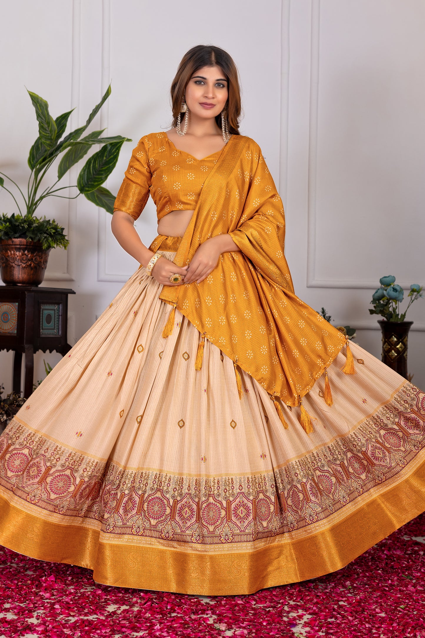 Festive Bloom – Women's Tussar Silk Lehenga Choli Set with Graceful Prints & Dupatta