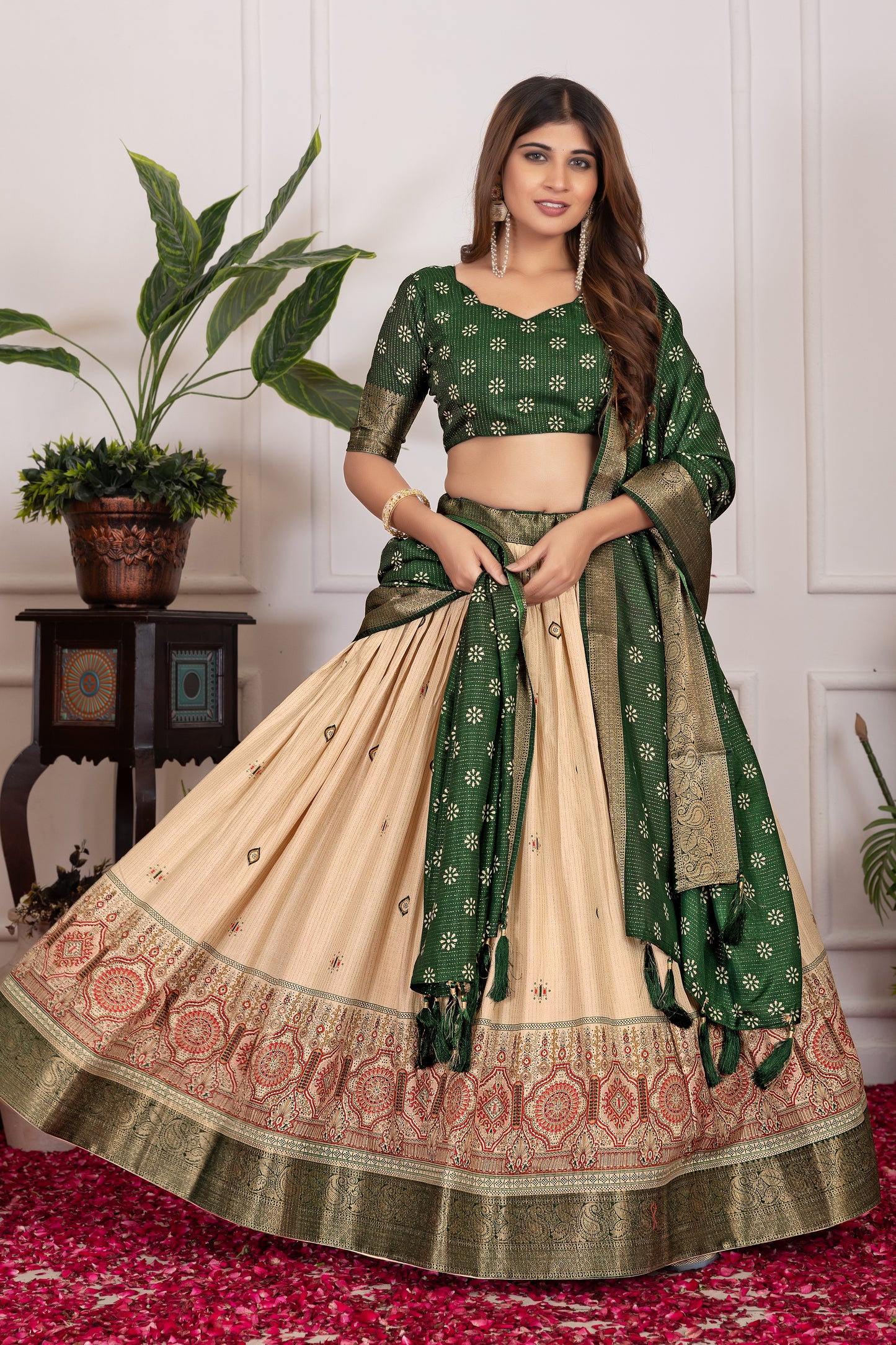 Festive Bloom – Women's Tussar Silk Lehenga Choli Set with Graceful Prints & Dupatta