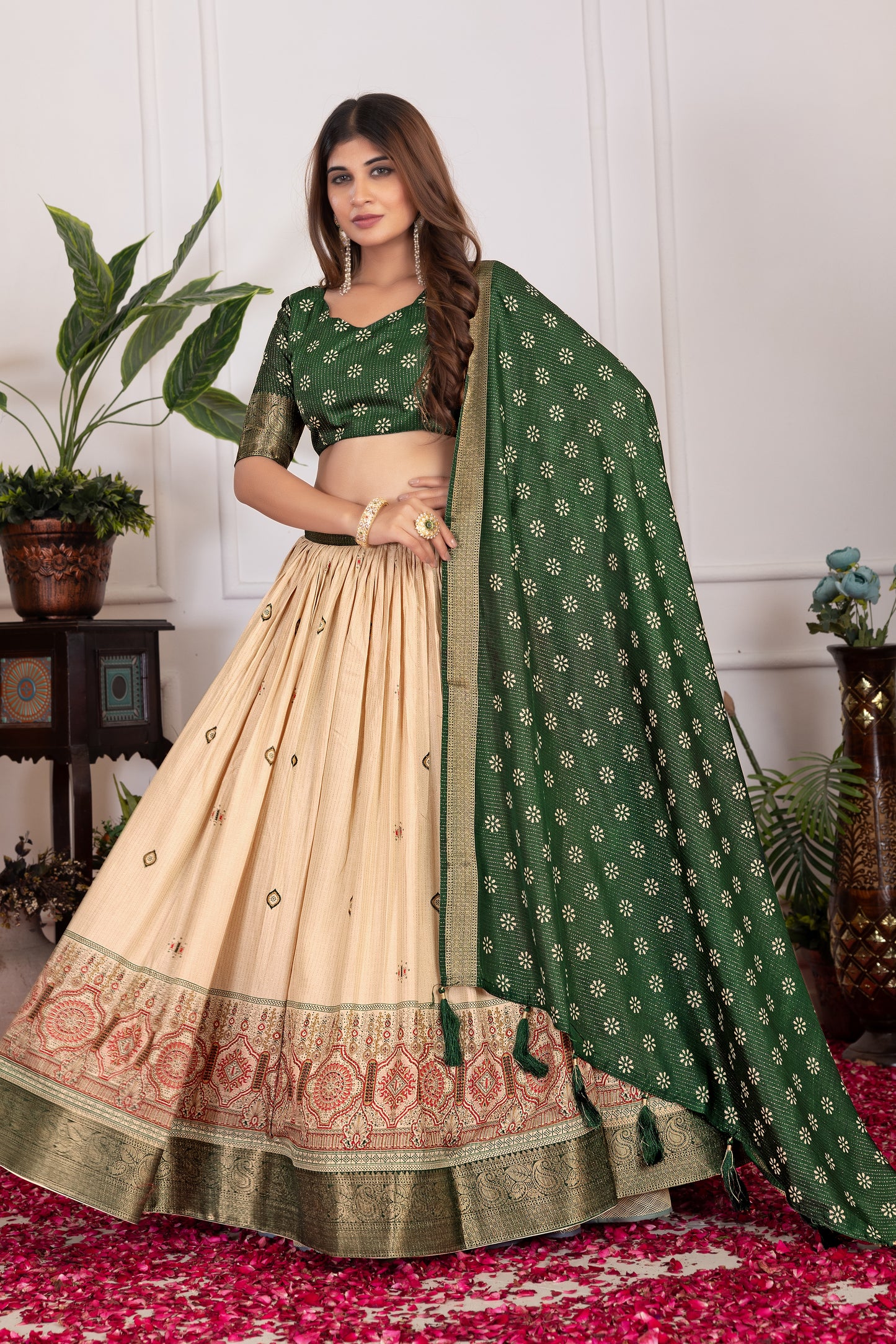 Festive Bloom – Women's Tussar Silk Lehenga Choli Set with Graceful Prints & Dupatta