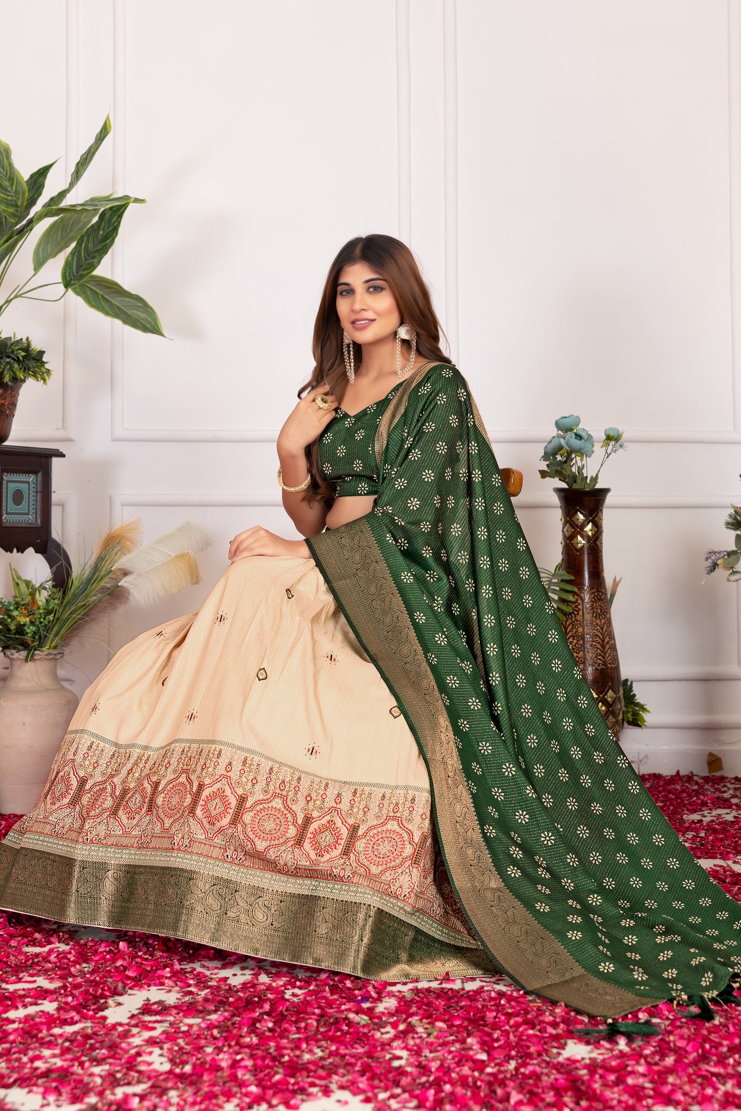 Festive Bloom – Women's Tussar Silk Lehenga Choli Set with Graceful Prints & Dupatta