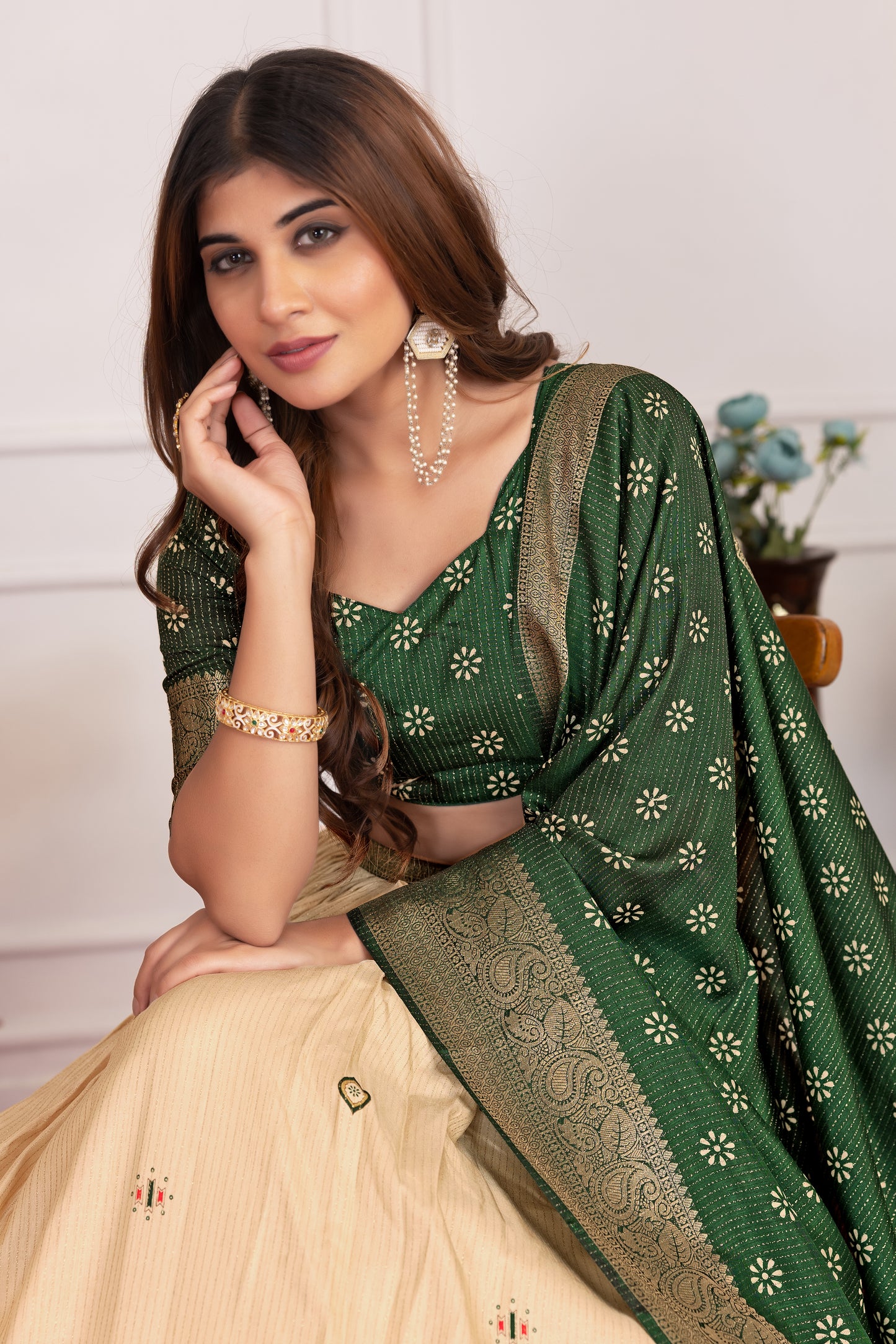 Festive Bloom – Women's Tussar Silk Lehenga Choli Set with Graceful Prints & Dupatta