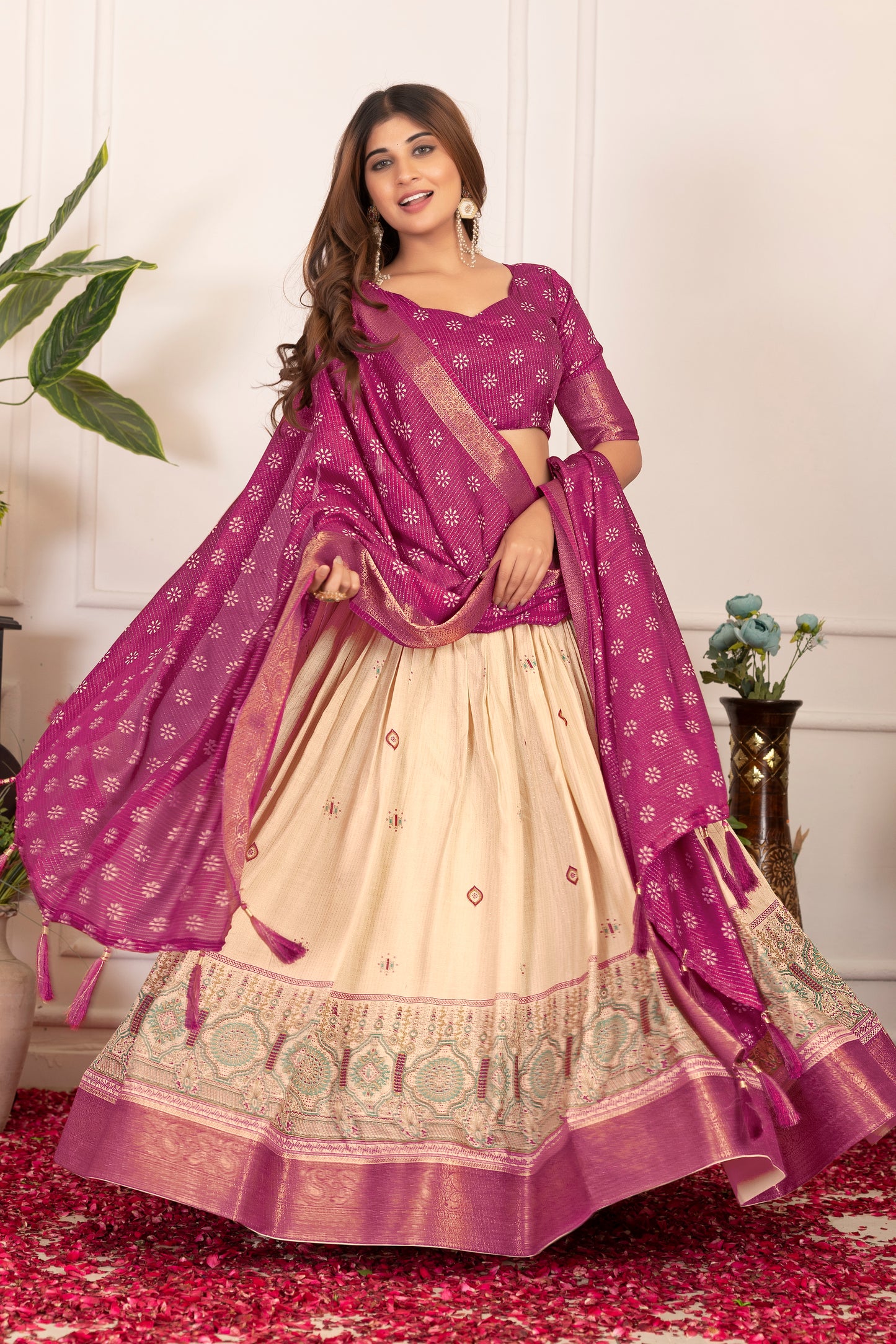 Festive Bloom – Women's Tussar Silk Lehenga Choli Set with Graceful Prints & Dupatta