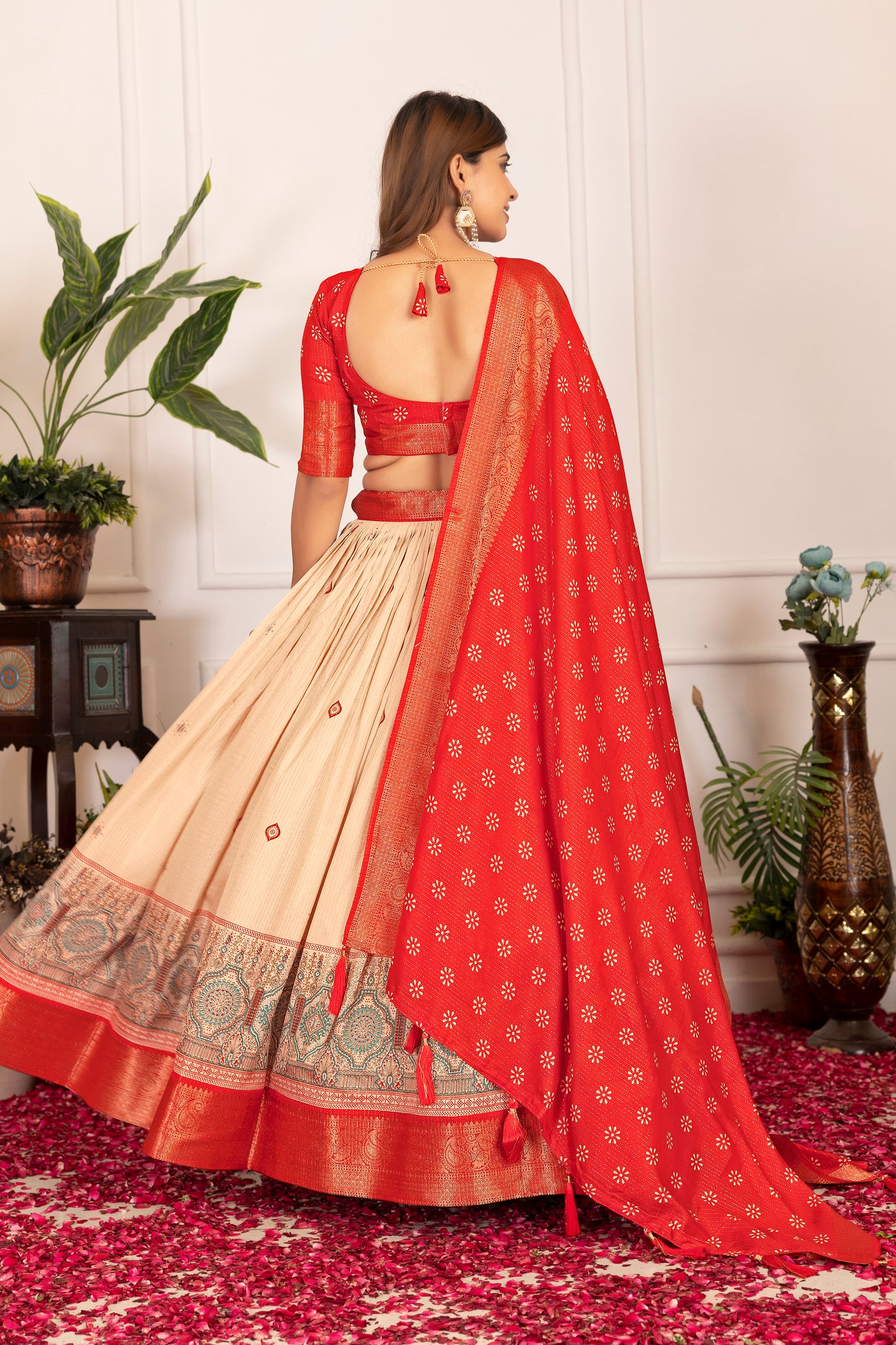 Festive Bloom – Women's Tussar Silk Lehenga Choli Set with Graceful Prints & Dupatta