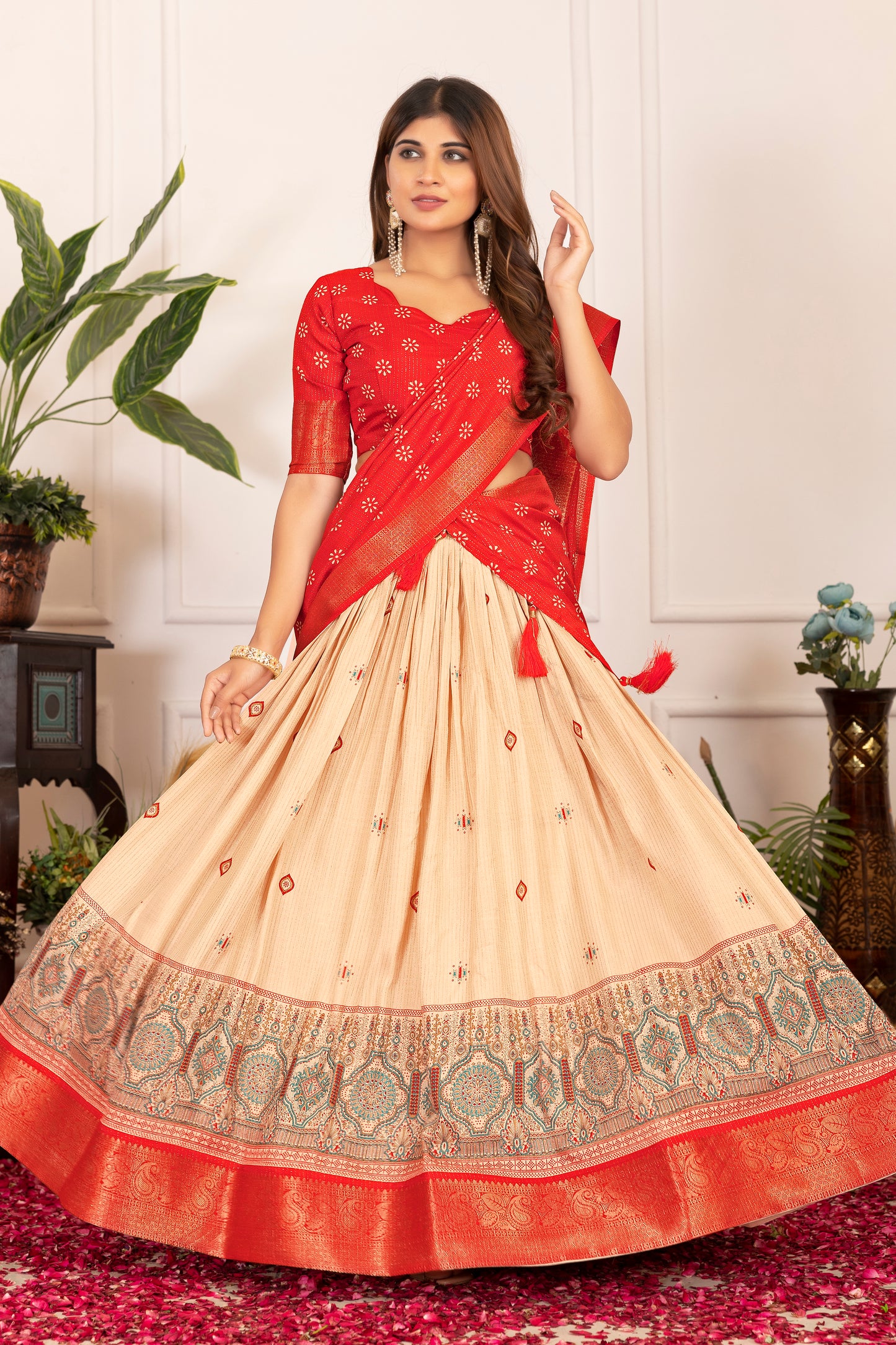 Festive Bloom – Women's Tussar Silk Lehenga Choli Set with Graceful Prints & Dupatta