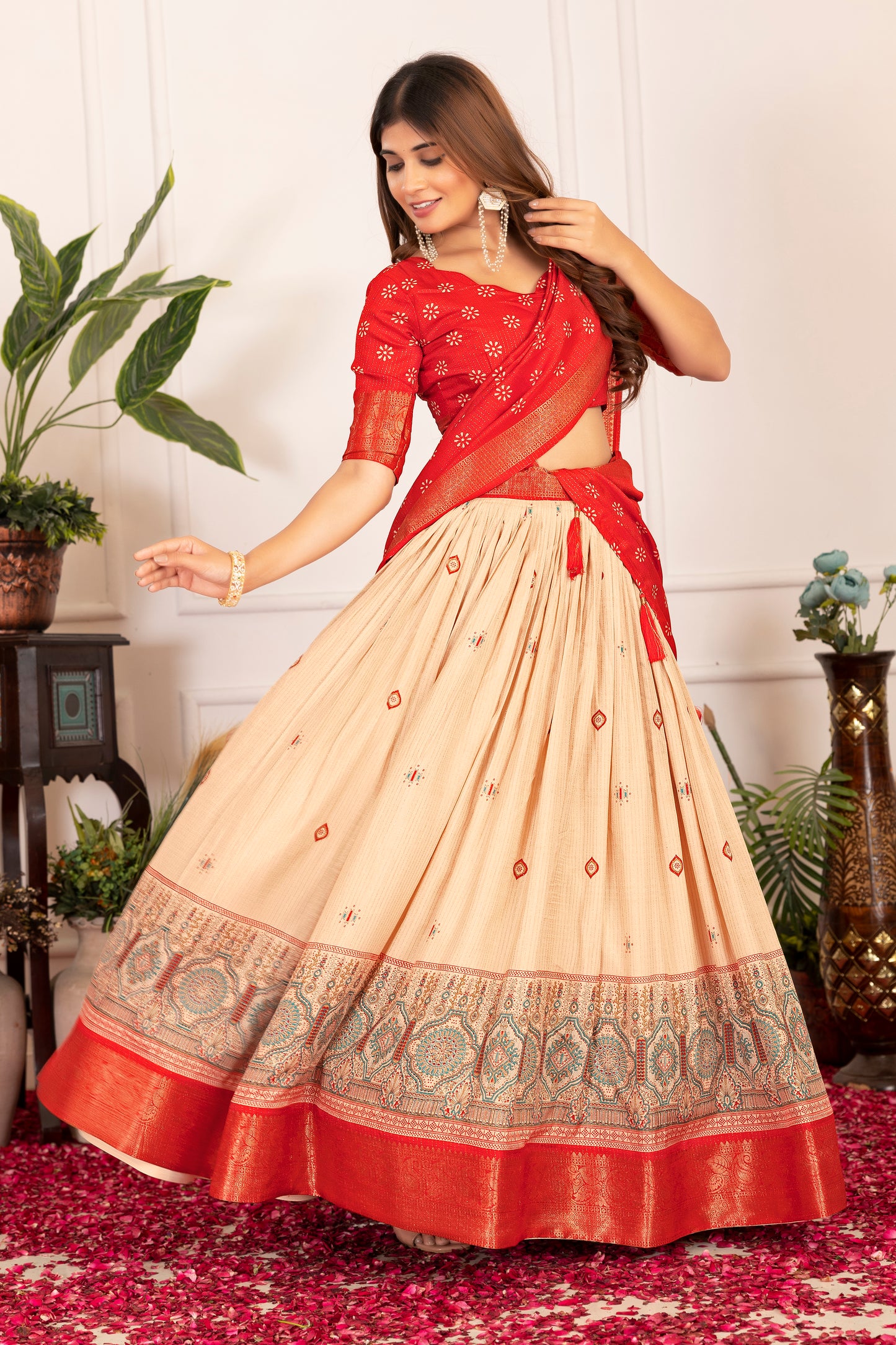 Festive Bloom – Women's Tussar Silk Lehenga Choli Set with Graceful Prints & Dupatta