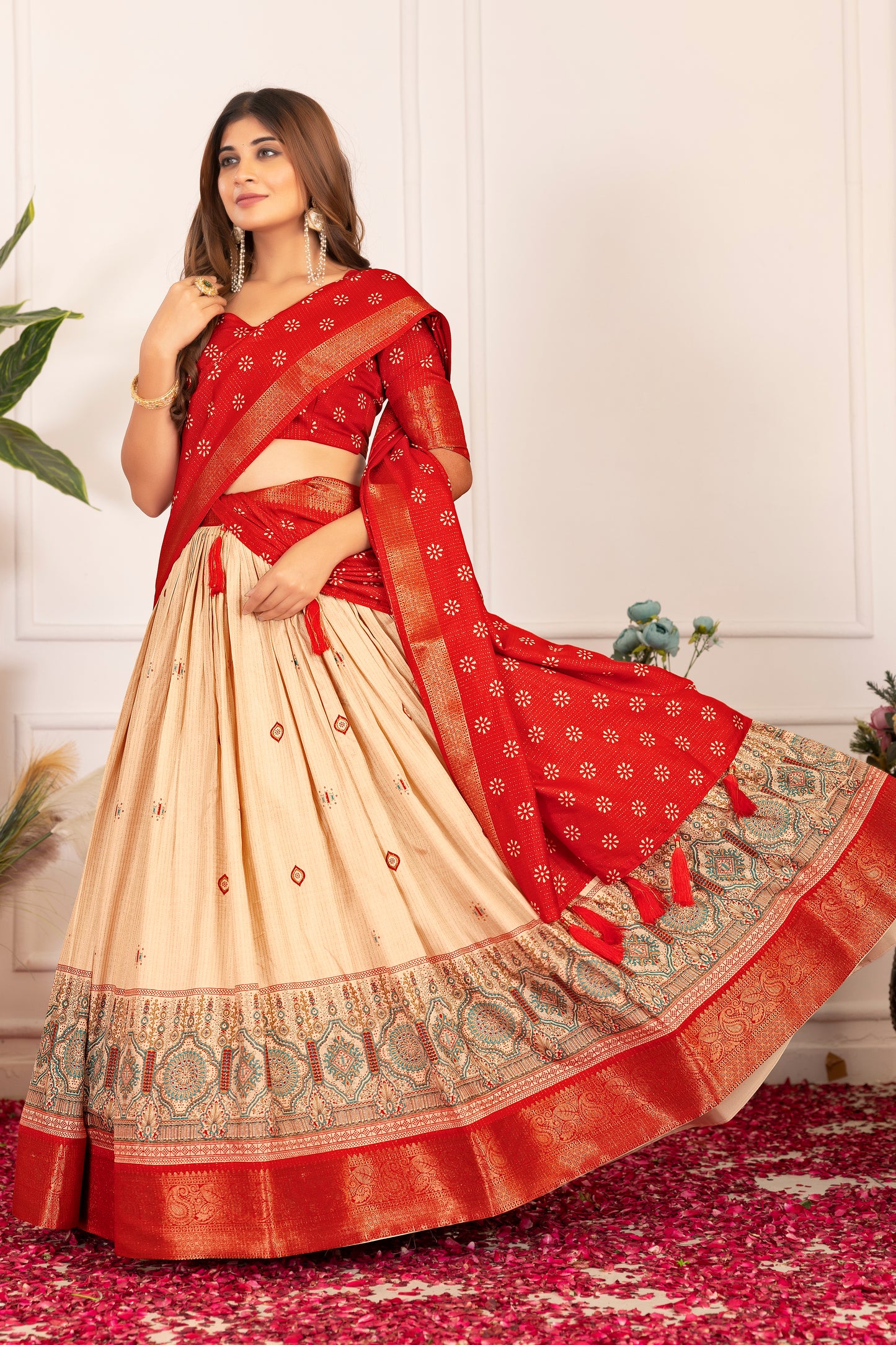 Festive Bloom – Women's Tussar Silk Lehenga Choli Set with Graceful Prints & Dupatta