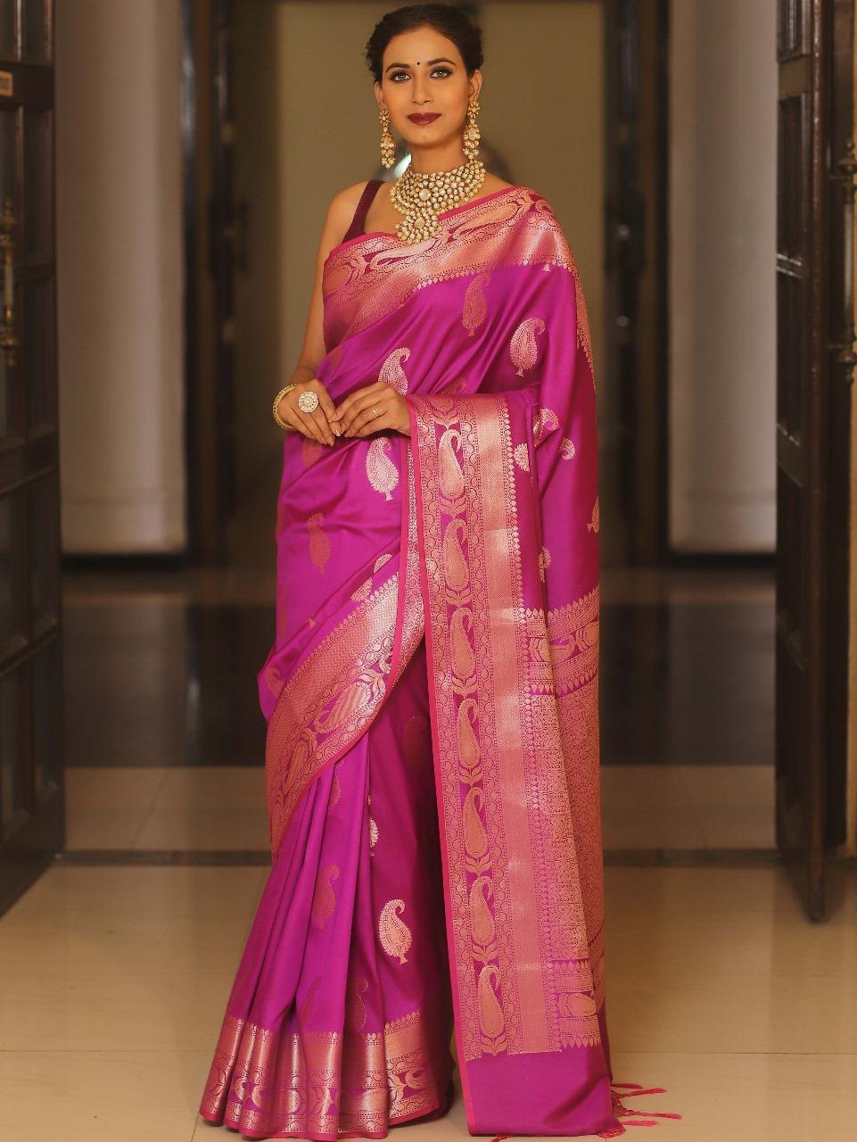 Royal Banarasi Soft Silk Saree with All-Over Zari Weaving & Grand Rich Pallu