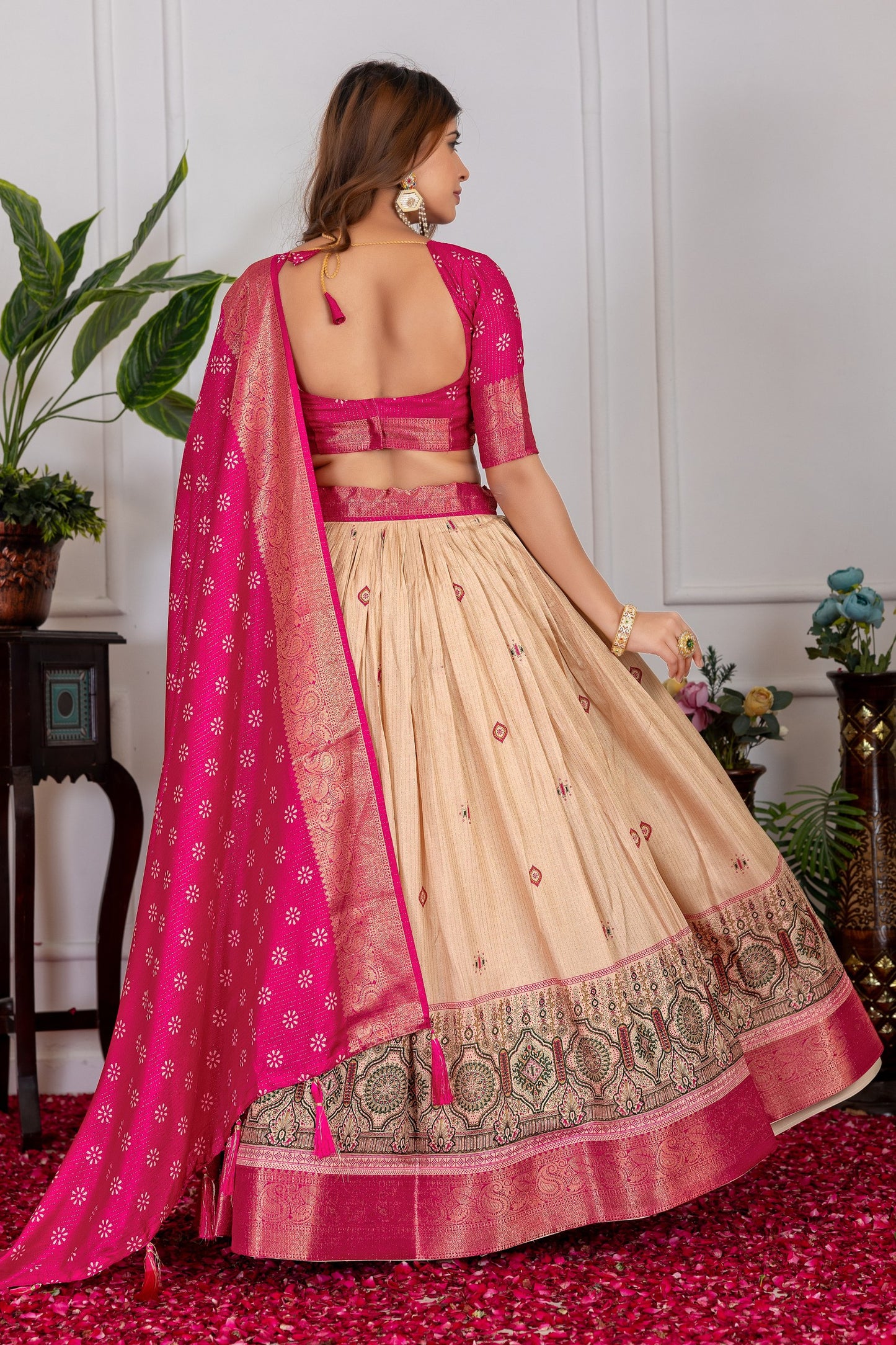 Festive Bloom – Women's Tussar Silk Lehenga Choli Set with Graceful Prints & Dupatta
