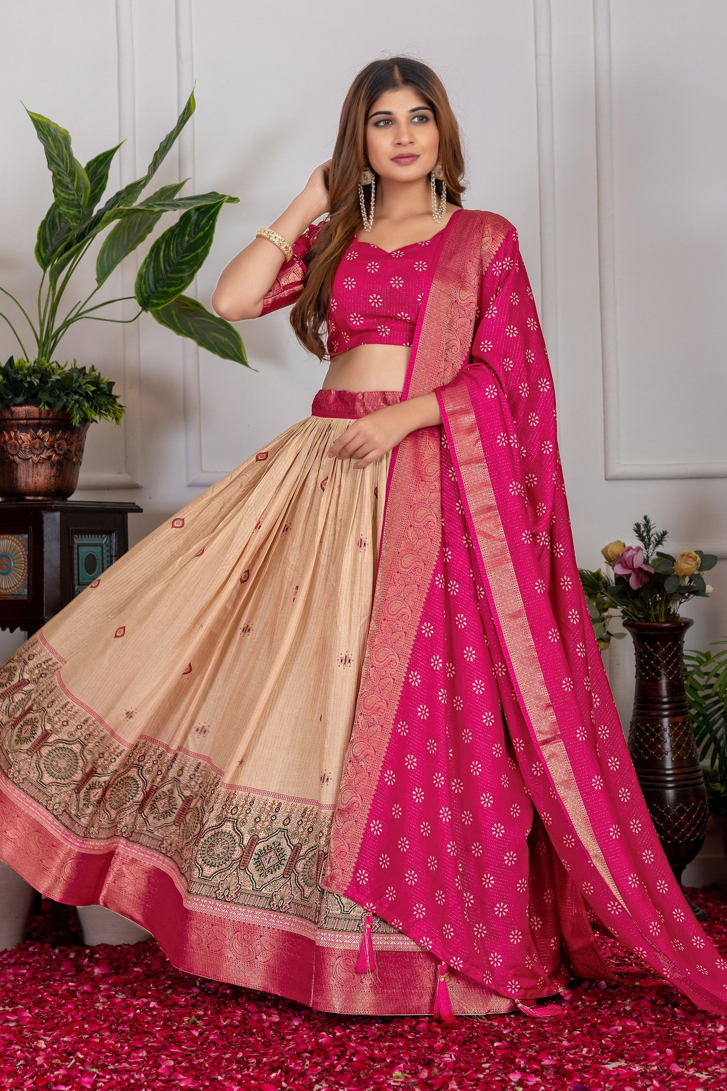 Festive Bloom – Women's Tussar Silk Lehenga Choli Set with Graceful Prints & Dupatta