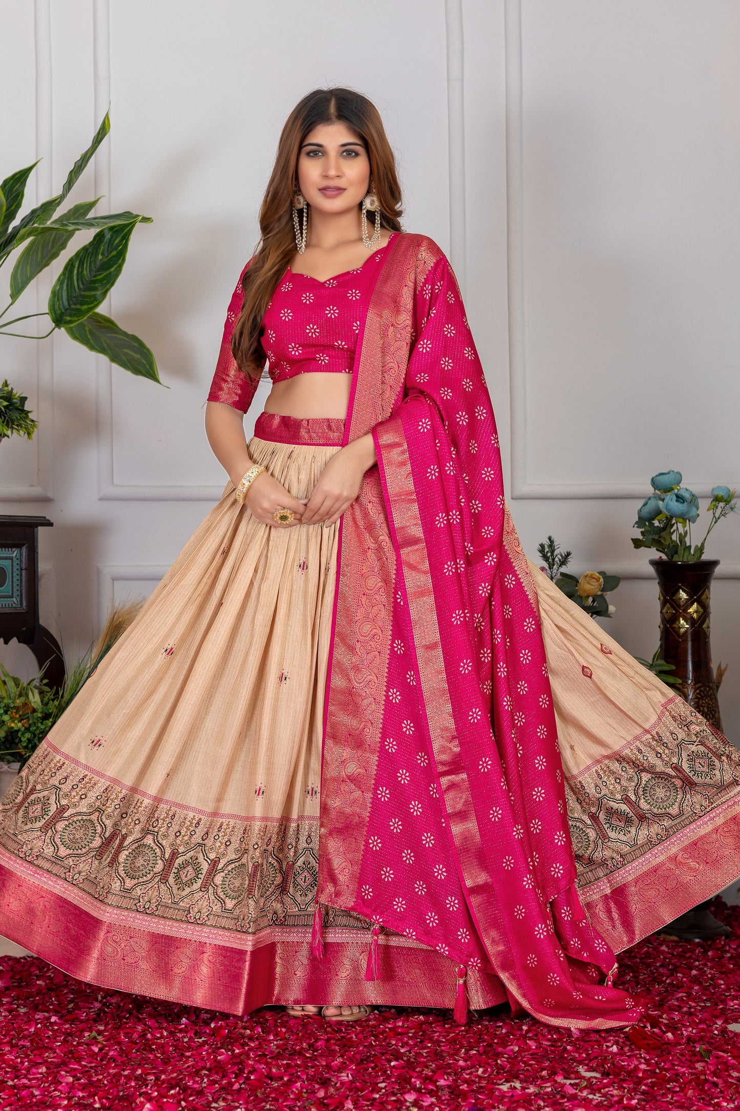 Festive Bloom – Women's Tussar Silk Lehenga Choli Set with Graceful Prints & Dupatta