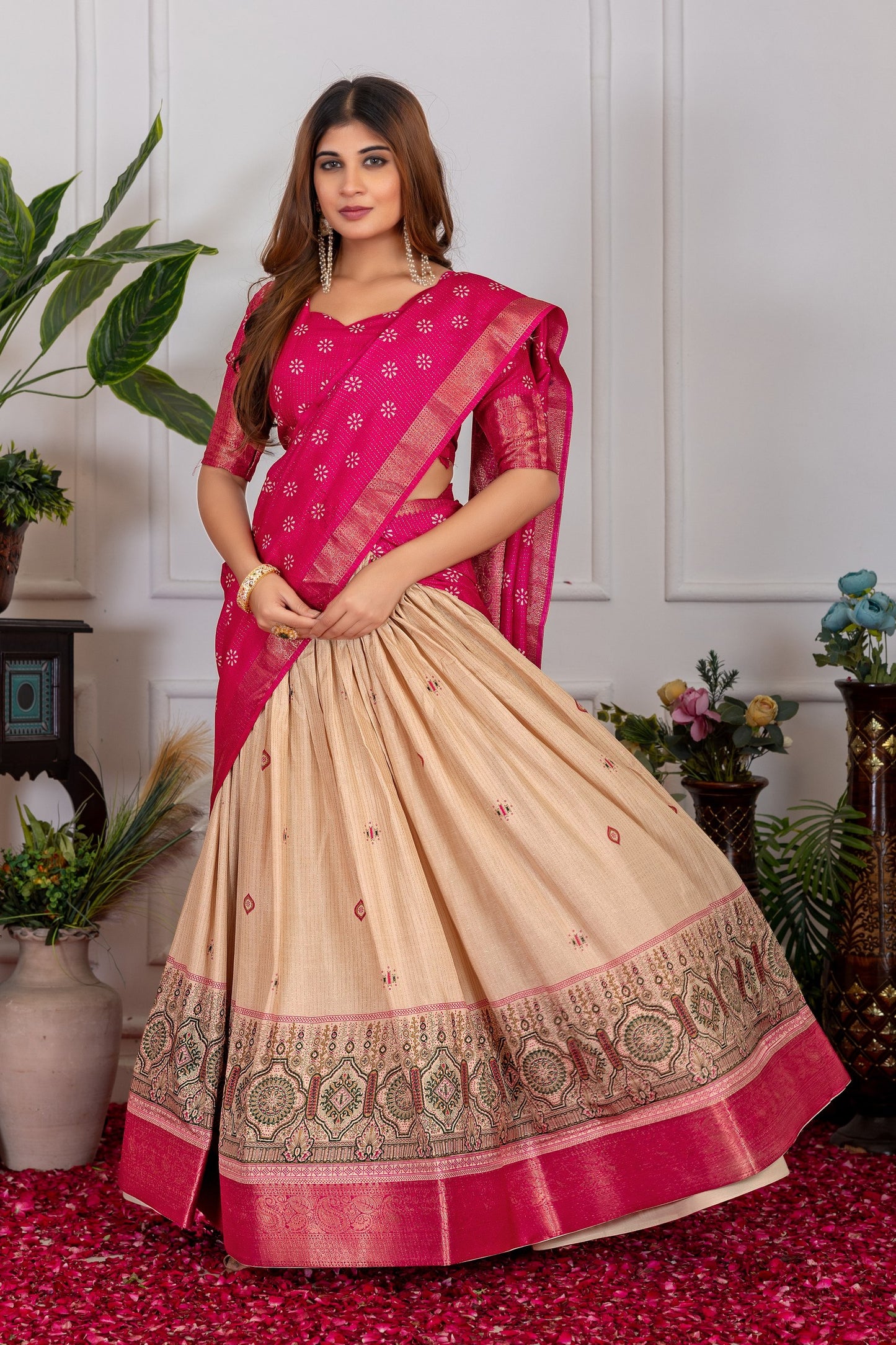 Festive Bloom – Women's Tussar Silk Lehenga Choli Set with Graceful Prints & Dupatta