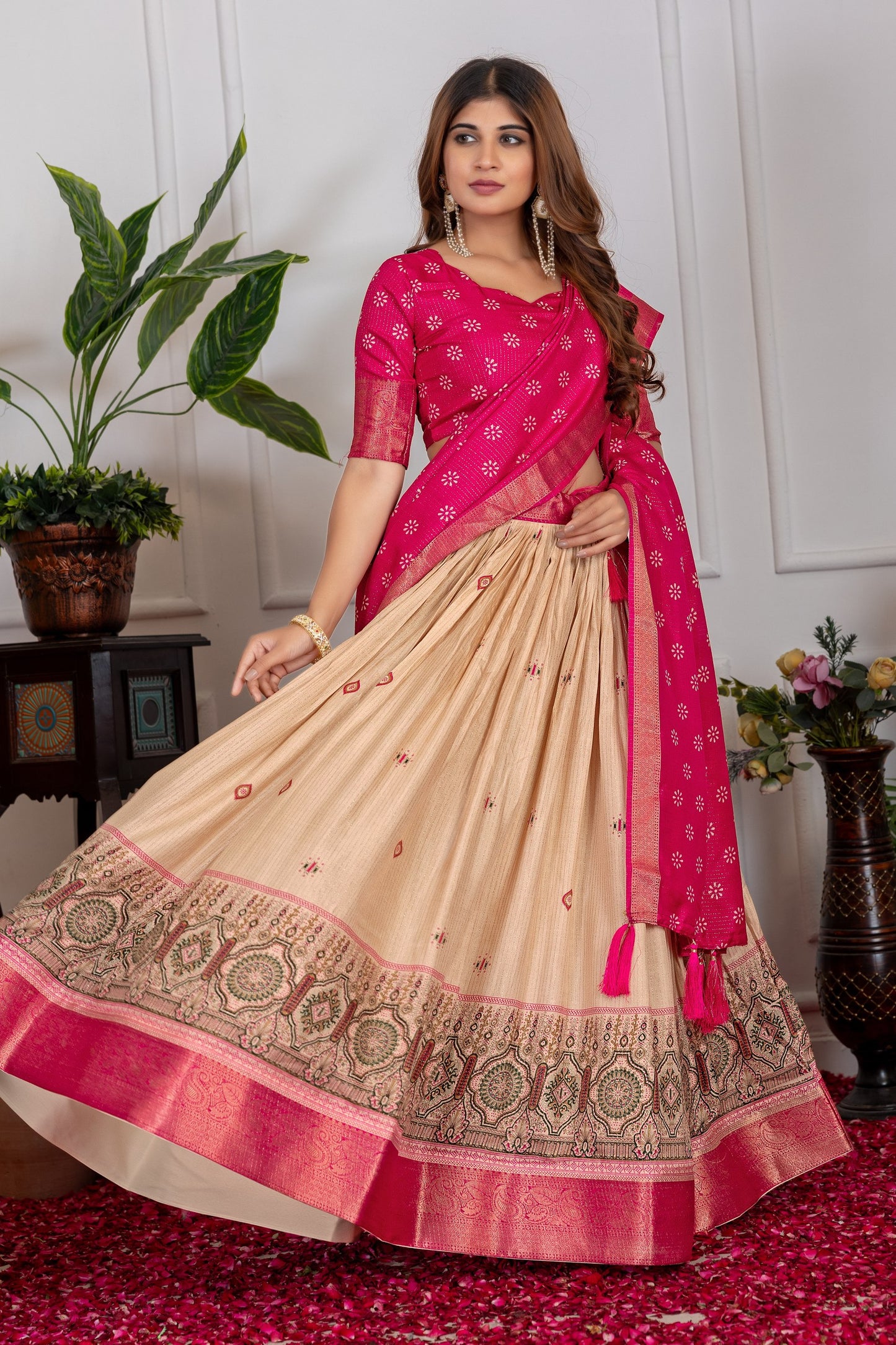 Festive Bloom – Women's Tussar Silk Lehenga Choli Set with Graceful Prints & Dupatta