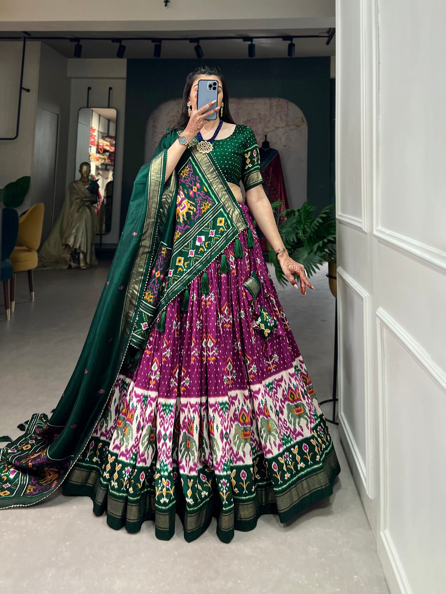 Exquisite Floral Fantasy: Tussar Silk Lehenga Choli with Intricate Prints & Elegant Dupatta