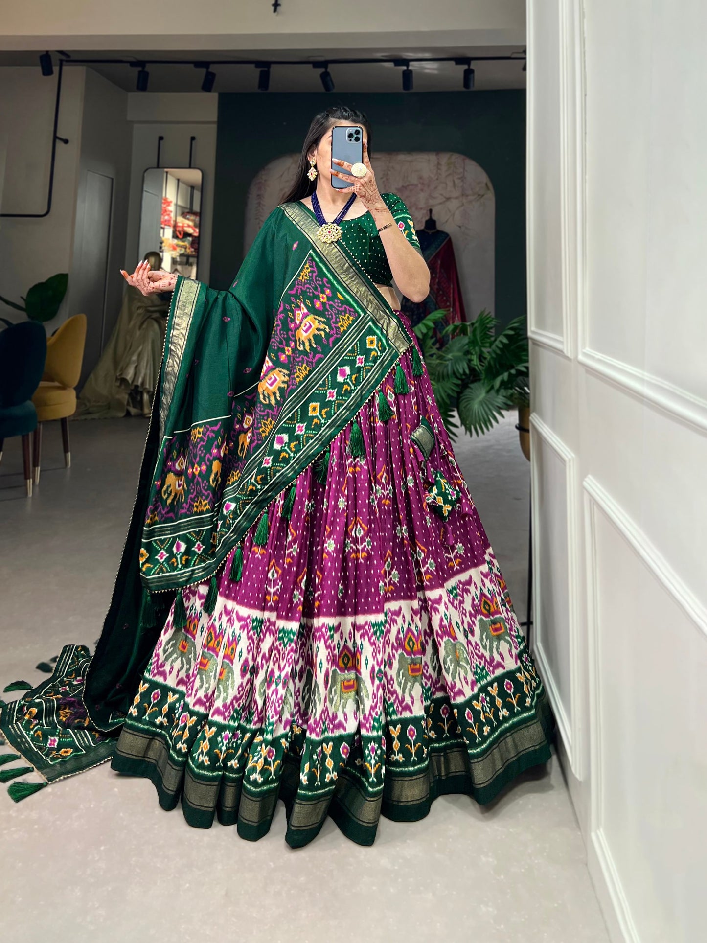 Exquisite Floral Fantasy: Tussar Silk Lehenga Choli with Intricate Prints & Elegant Dupatta