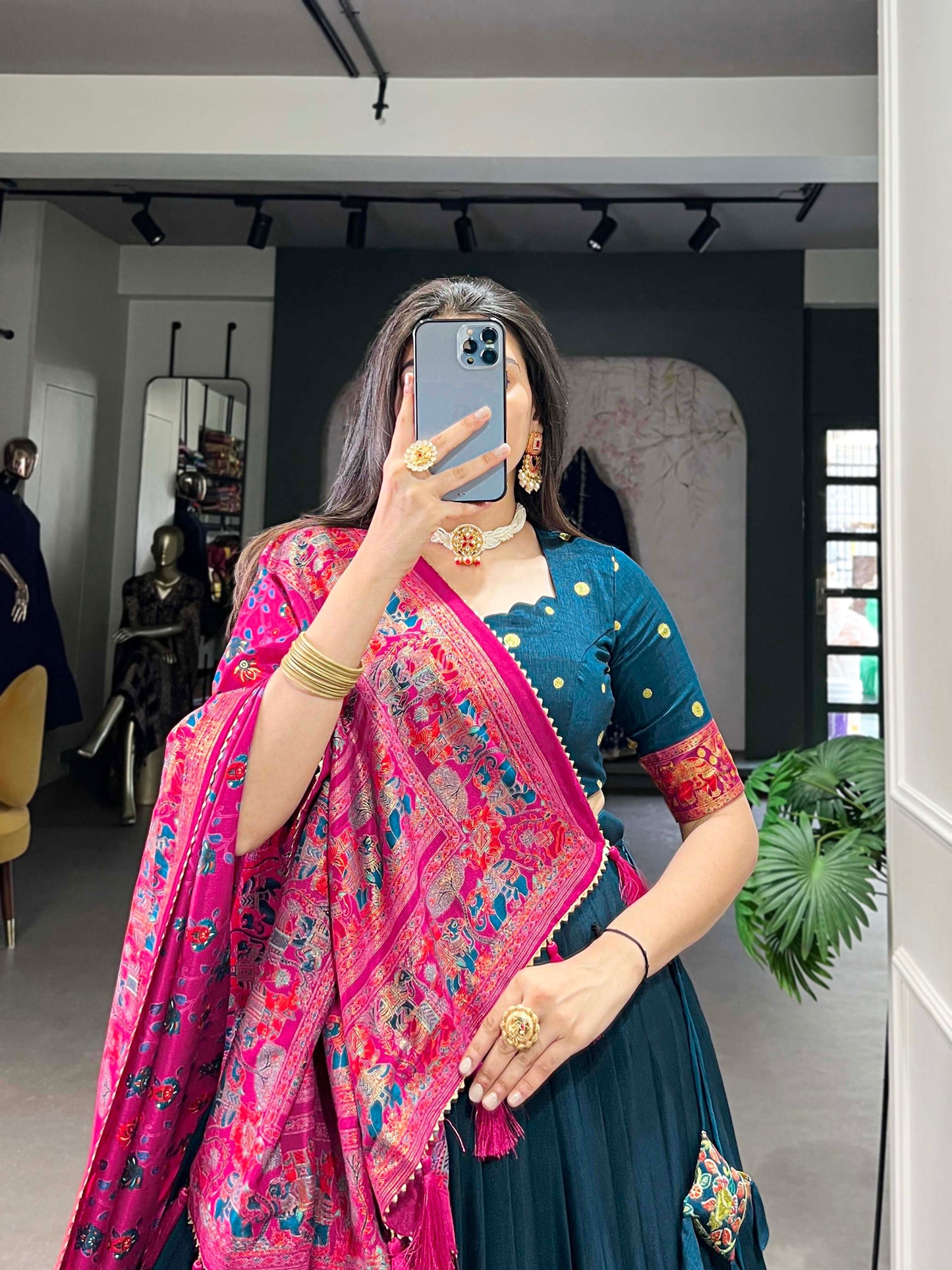 Exquisite Floral Fantasy – Women's Tussar Silk Lehenga Choli Set with Intricate Prints & Dupatta