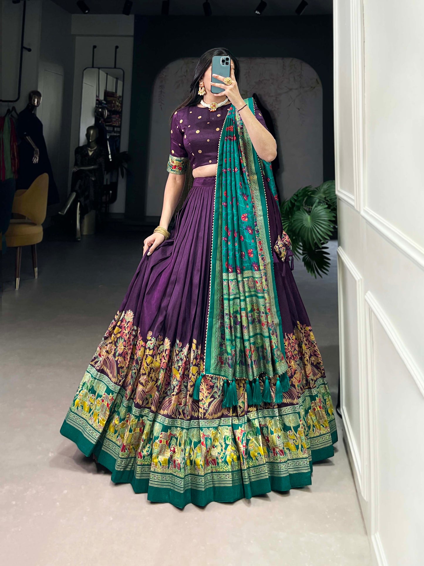Exquisite Floral Fantasy – Women's Tussar Silk Lehenga Choli Set with Intricate Prints & Dupatta