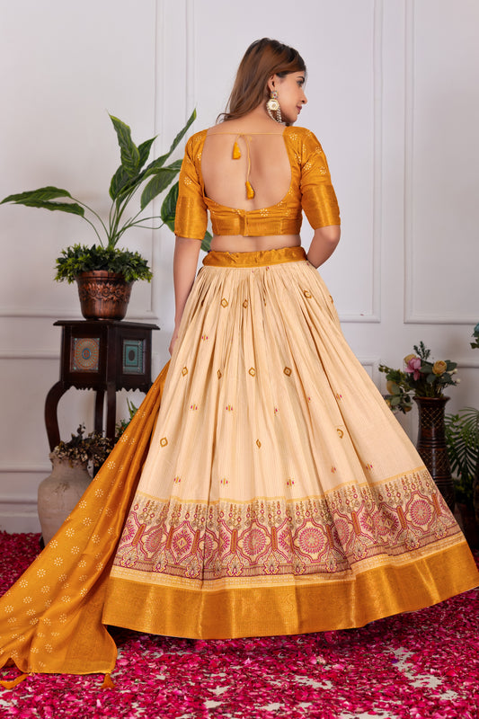 Festive Bloom – Women's Tussar Silk Lehenga Choli Set with Graceful Prints & Dupatta