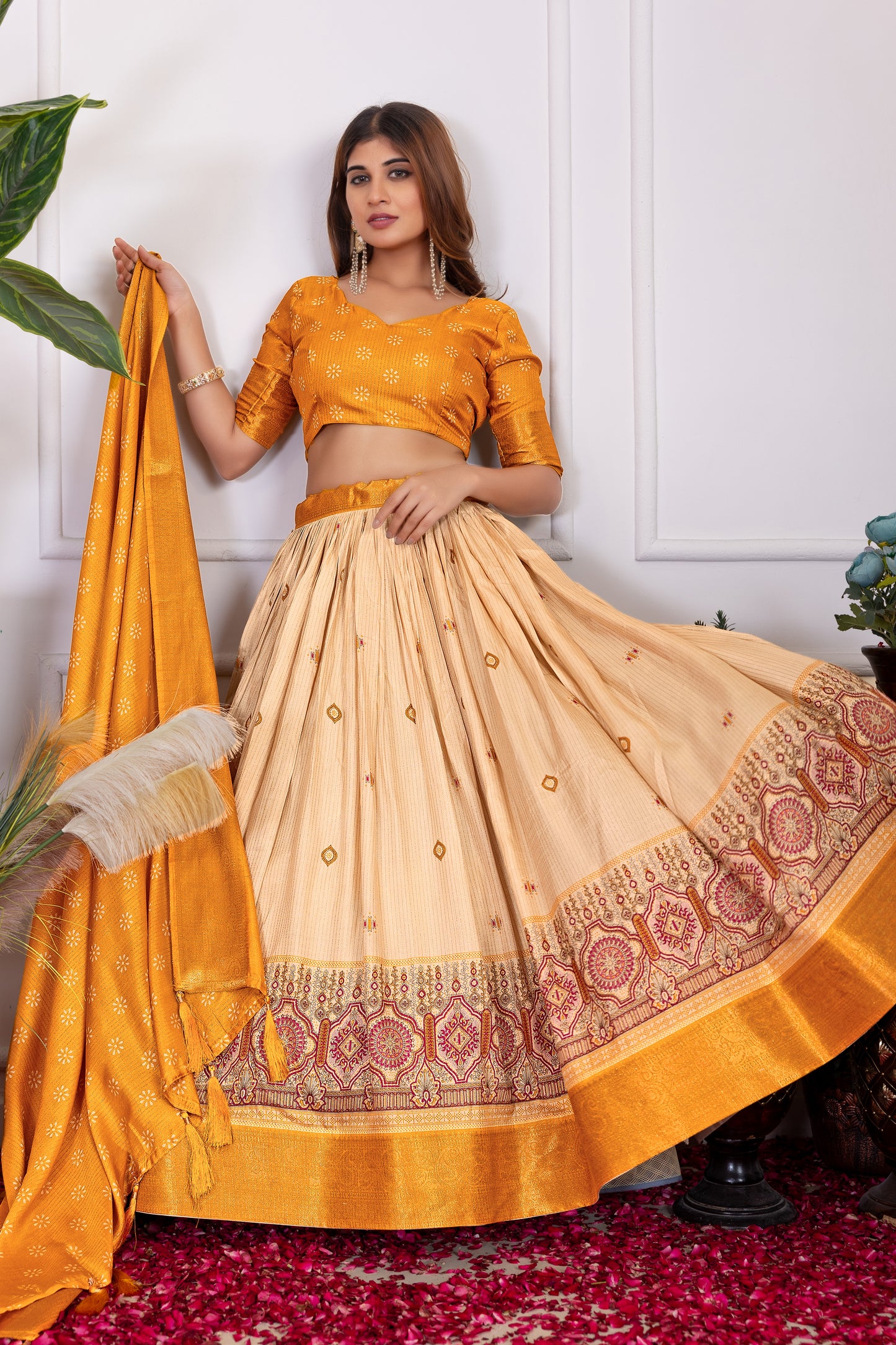 Festive Bloom – Women's Tussar Silk Lehenga Choli Set with Graceful Prints & Dupatta