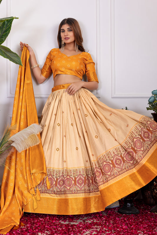 Festive Bloom – Women's Tussar Silk Lehenga Choli Set with Graceful Prints & Dupatta