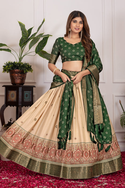 Festive Bloom – Women's Tussar Silk Lehenga Choli Set with Graceful Prints & Dupatta