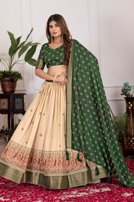 Festive Bloom – Women's Tussar Silk Lehenga Choli Set with Graceful Prints & Dupatta