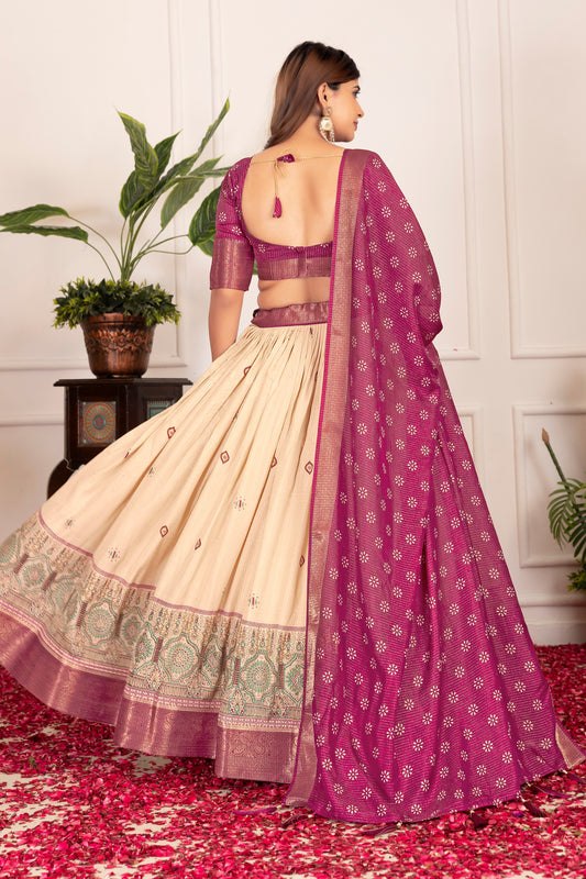 Festive Bloom – Women's Tussar Silk Lehenga Choli Set with Graceful Prints & Dupatta