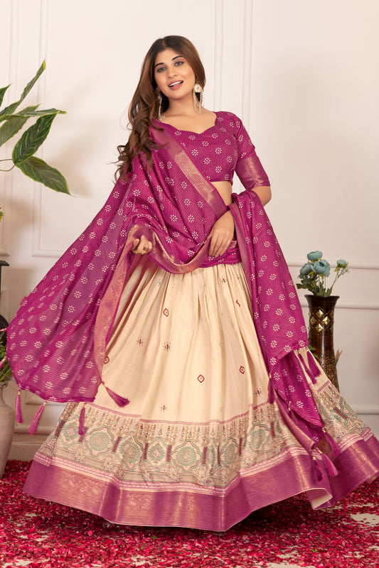 Festive Bloom – Women's Tussar Silk Lehenga Choli Set with Graceful Prints & Dupatta