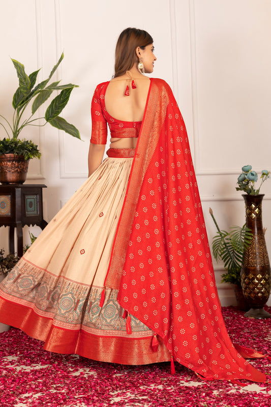 Festive Bloom – Women's Tussar Silk Lehenga Choli Set with Graceful Prints & Dupatta