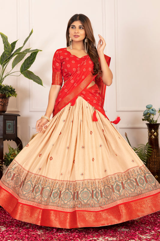 Festive Bloom – Women's Tussar Silk Lehenga Choli Set with Graceful Prints & Dupatta