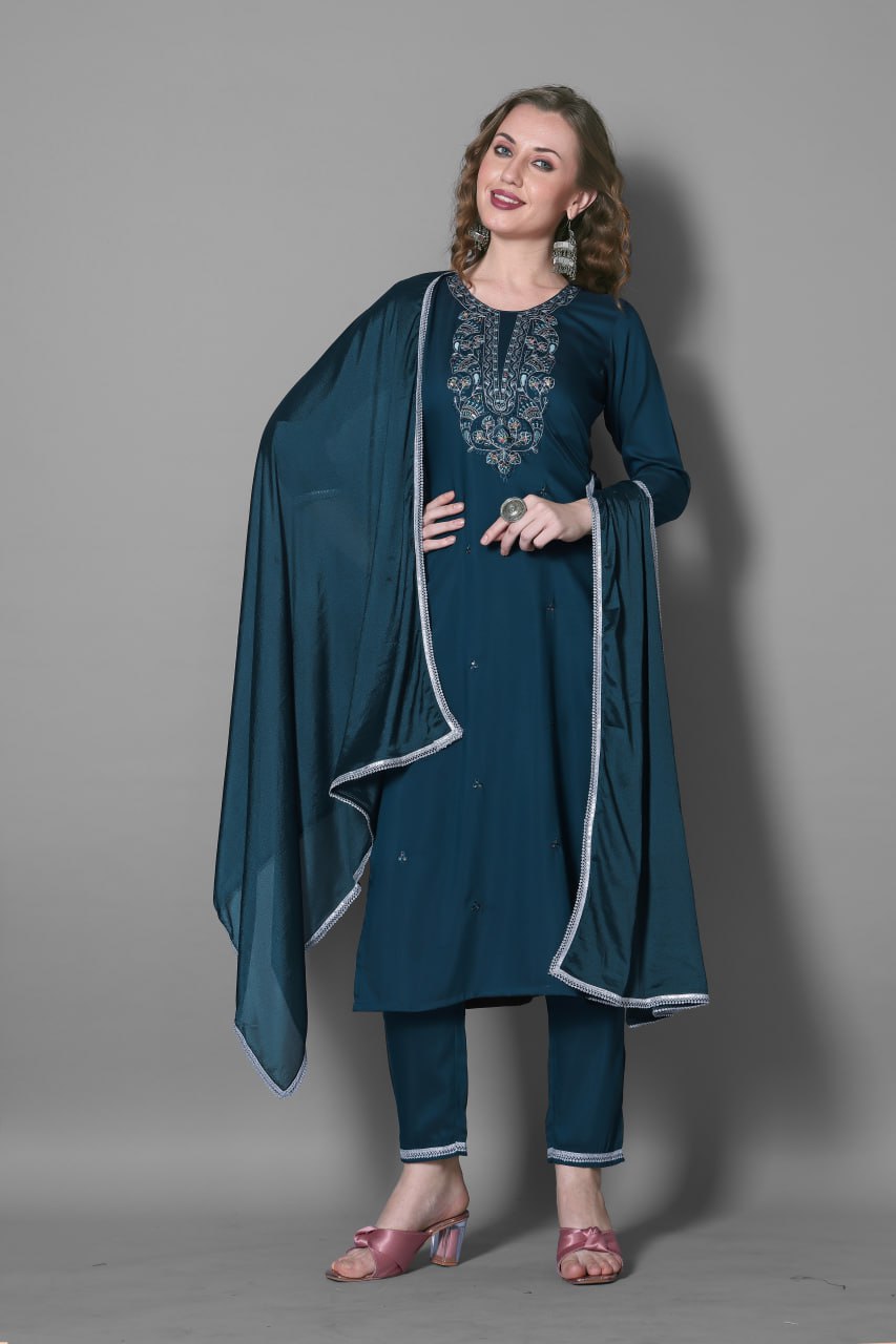 All-in-One Ethnic Charm: Fully Stitched Kurta, Pant & Dupatta Set – No Stitching Needed